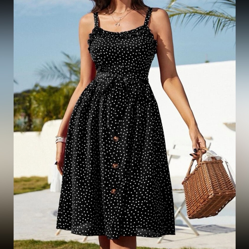Boho Polka Dot Ruffle Sweetheart Neck Belted Cami Dress Black